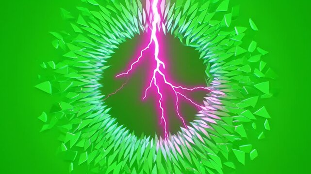 Vibrant Electric Lightning Bolt Surrounded by Spiky Circular Frame on Bright Green Background