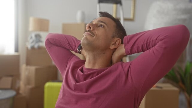 Young hispanic man with moustache leans back with hands behind neck and eyes closed among moving boxes in building; relief.