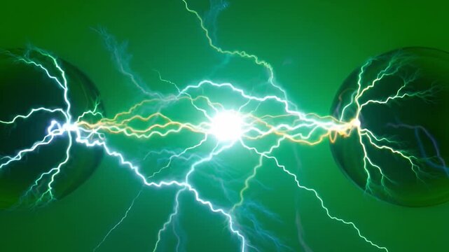 Dynamic Electric Arc Between Two Spheres in a Vibrant Neon Environment with Energetic Glow and Visual Energy Burst