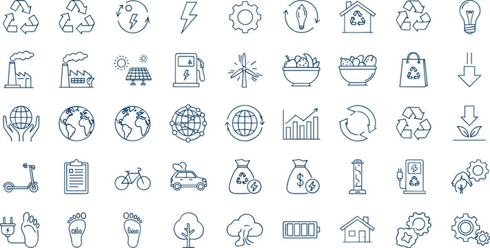 Sustainability and Green Energy Line Icon Set with Recycling, Solar Power, Electric Vehicle, ESG, Carbon Reduction, and Eco Friendly Outline Vector Symbols