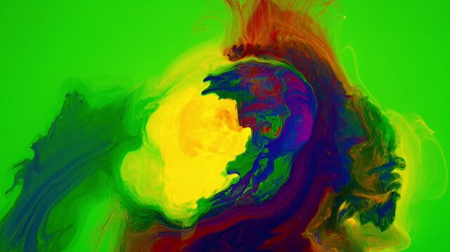 Vibrant Swirls of Blue, Green, Red and Yellow Paint on Bright Green Background Capturing Artful Creativity and Dynamic Movement