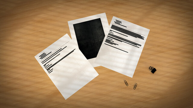 Redacted Documents on Wooden Desk 3D render
