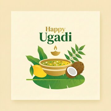 Traditional ugadi celebration with symbolic foods and a lit lamp