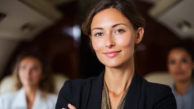 Confident Businesswoman Displaying Leadership on a Private Jet, Exuding Professionalism and Charisma While Surrounded by Supportive Colleagues, Showcasing the Essence of Modern Executive Travel