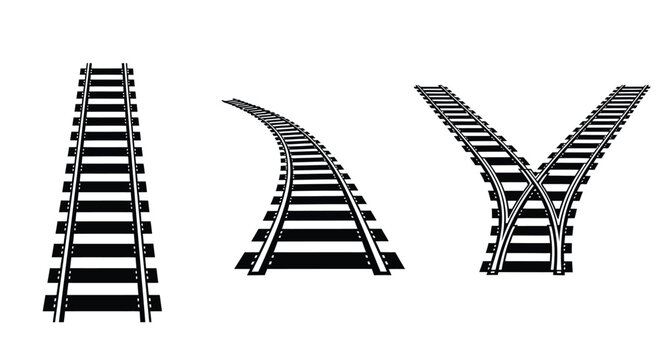 Three railway track configurations depicted in a stark silhouette
