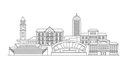 Obraz premium Linear cityscape featuring a clock tower and station black outline silhouette