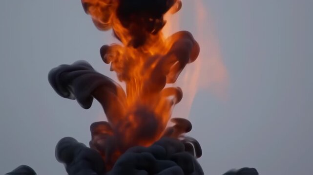 A plume of dark, swirling ink contrasts with glowing orange light against a gray gradient backdrop