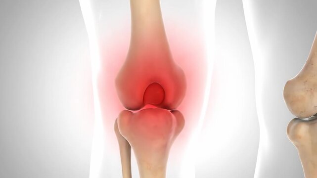 Medical animation frames showing a human knee joint with painful inflammation. Anatomical model for arthritis, osteoarthritis, or injury for healthcare and orthopedic concepts