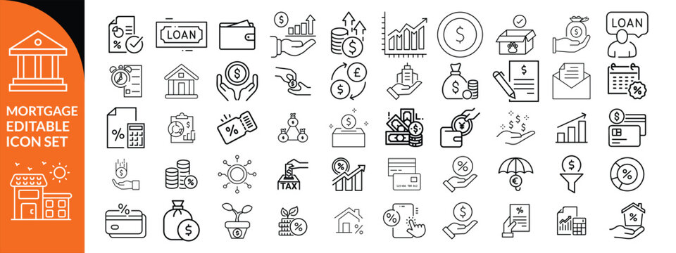 loan line icons. Mortgage, credit, debt, tax etc. Editable stroke