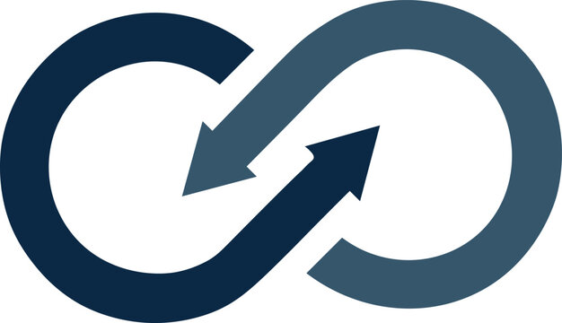 Interlocking blue arrows forming an infinity symbol, representing continuous flow, connection, and cyclical processes.