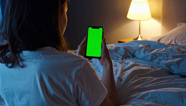 Mockup, green blank screen. Closeup of back view young white woman looking at her mobile phone and scrolling while lying in bed.
