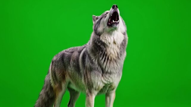 Realistic Grey Wolf Standing Confidently on Bright Green Background in Studio Setting for Nature and Wildlife Photography