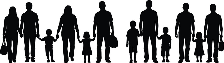 Black silhouettes of people walking with children family