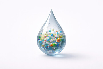 Obraz premium Transparent water droplet containing colorful plastic particles, symbolizing microplastic contamination, water pollution, and environmental sustainability challenges.