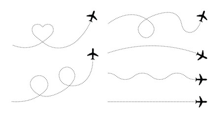 Airplane route icons with dotted flight paths. Flying plane silhouettes showing curved, looped, straight, wave and heart-shaped dashed travel routes. Aviation journey path set, vector © create