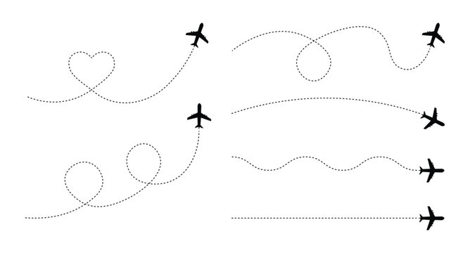 Airplane route icons with dotted flight paths. Flying plane silhouettes showing curved, looped, straight, wave and heart-shaped dashed travel routes. Aviation journey path set, vector