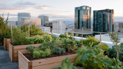 Fototapeta premium Urban rooftop garden with raised vegetable beds and city skyline in the background, perfect for sustainable urban living, rooftop farming, green city concept, eco lifestyle, organic gardening,