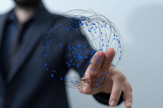 Businessperson hand touching network of connections. Concept of global network, digitalization, globalization, internet,