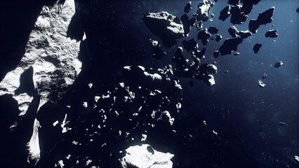 dense asteroid cluster drifting through space with glinting ice and surveying probe mapping surfaces under stark starlight, deep shadows and scattered rubble © icetray