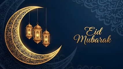 Ramadan eid mubarak wishes with crescent moon and lanterns