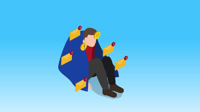 Digital Overload and Information Fatigue Concept with Man Overwhelmed by Email Notifications 3d animation cartoon