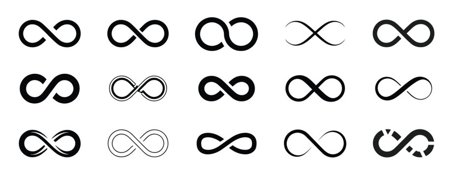 Infinity Icons Vector Collection, Endless Loop Symbols in Various Styles Representing Continuity, Cyclicity, and Unlimited Concepts for Logo Design, Branding, and Creative Vector Projects.