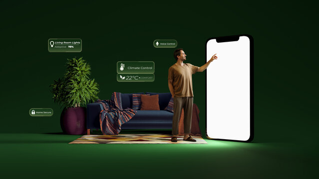 Elegant design man controlling smart home via giant mobile interface. Concept of property management mobile app, remote climate and lighting control, subscription based home automation service.