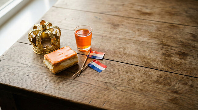 Traditional King's Day Celebration with Orange Tompouce Cake Oranjebitter Drink and Dutch Flags on Wooden Table for Netherlands National Holiday
