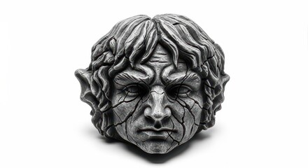 Fototapeta premium Cracked Stone Face Sculpture with Pointed Ears on White.