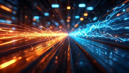 Obraz premium Blue and orange glowing light trails with particles simulate high speed fiber optic data transfer in futuristic digital technology background with vibrant energy motion.