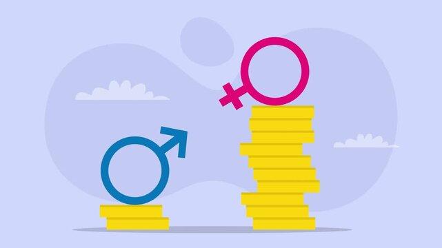 Gender Pay Gap Concept with Male and Female Symbols on Unequal Stacks of Coins cartoon animation