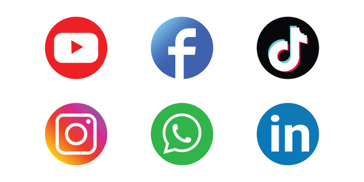 Popular social media network logo icons . YouTube, Facebook, TikTok, Instagram, Whatsapp, Linkedin. Vetor illustration