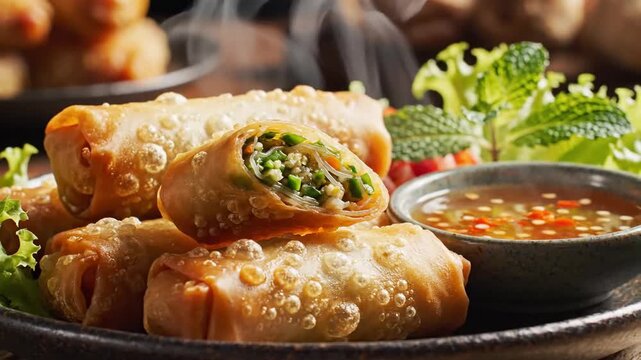 Crispy golden brown fried spring rolls served hot with a dipping sauce and fresh garnishes on a plate