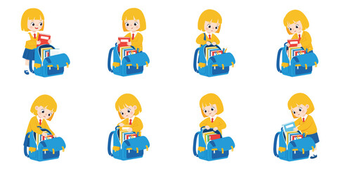 Naklejka premium Schoolgirl with backpack and books