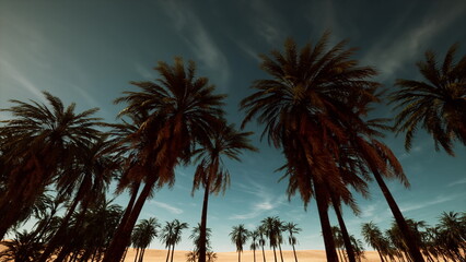 Obraz premium golden hour palm canopy under sky, soft sunlight filtering through fronds, warm amber glow and gentle breeze, upward camera sweep, resort coastline hints,