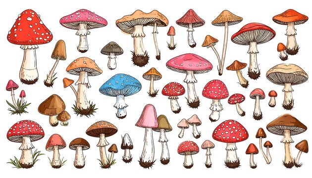 Hand-drawn vector illustration showcasing a diverse collection of vibrant mushrooms