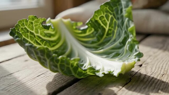 A vibrant kale leaf is poised on a rustic wooden surface, the image conveys freshness and natural beauty.