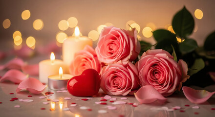 Romantic Valentine's Day setup with pink roses, candles, heart, and petals on a table with a warm and cozy ambiance and bokeh lights
