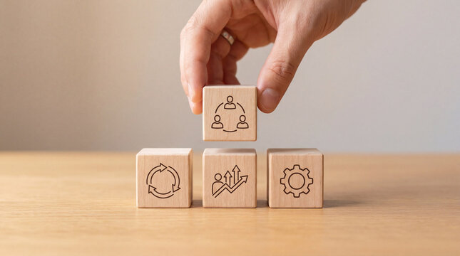 Hand stacking wooden blocks with business icons: teamwork, growth, process, gears