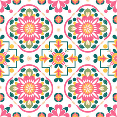 Fototapeta premium vector seamless repeating rangoli pattern in flat vector style. The design features symmetrical geometric shapes, floral motifs, peacocks, lotus flowers, and traditional oil lamps (divas).