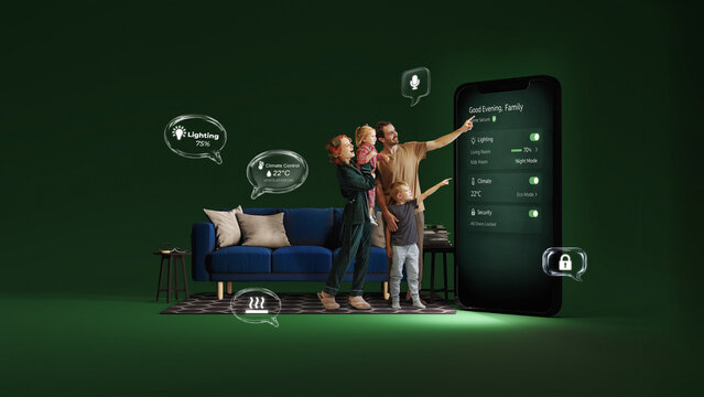 Modern artwork family using smart home control app on large mobile interface. Concept of smart home subscription service, integrated security and climate management, telecom bundle promotion campaign.