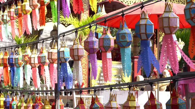 Colorful Thai paper Lanna lanterns in Buddhist temple in Chiang Mai, Thailand