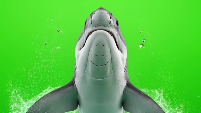 Close-Up View of Shark Approaching the Camera in a Vibrant Green Background