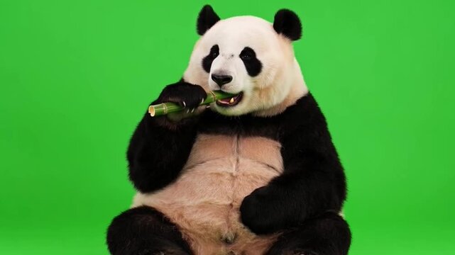 Playful Panda in Front of Bright Green Background Holding a Knife with a Mischievous Expression and a Cute Posture