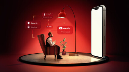 Bold design businessman sitting in front of huge smartphone. Concept of premium home automation...