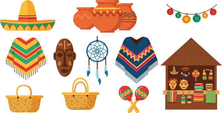 Mexican Traditional Culture Icon Set with Sombrero, Poncho, Maracas, Pottery, Mask, Dreamcatcher and Market Stall Vector Illustration