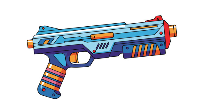 Colorful plastic toy blaster gun with futuristic design and vibrant blue orange and purple accents for children to play with.