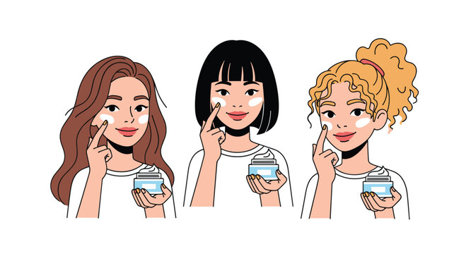 Three women with diverse hairstyles apply white facial cream to their cheeks from blue jars on a white background.