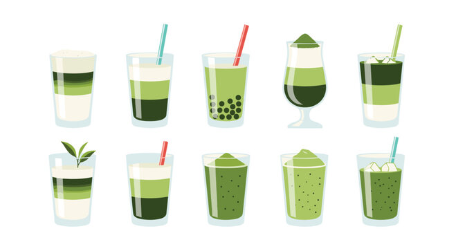Ten various matcha green tea beverages including lattes and bubble tea are displayed in two rows of clear glasses.