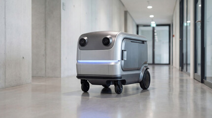 Autonomous delivery robot moving in modern office building hallway